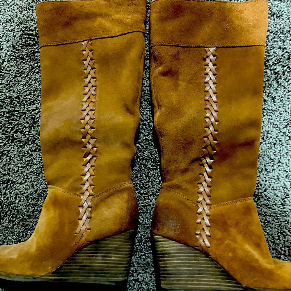 Lucky Brand Tan Suede Wedge Knee Boots with Braided Detail